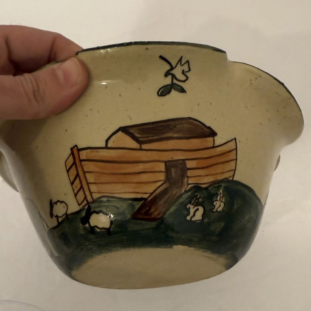 G Miller Pottery Noah's Ark Bowl Scalloped Edge Signed By Artist